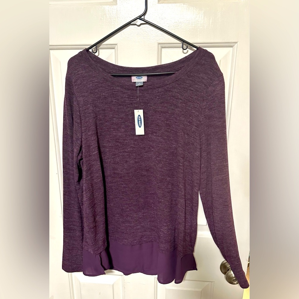 NWT Old Navy long-sleeve, lightweight deep purple sweater with sheer trim detail